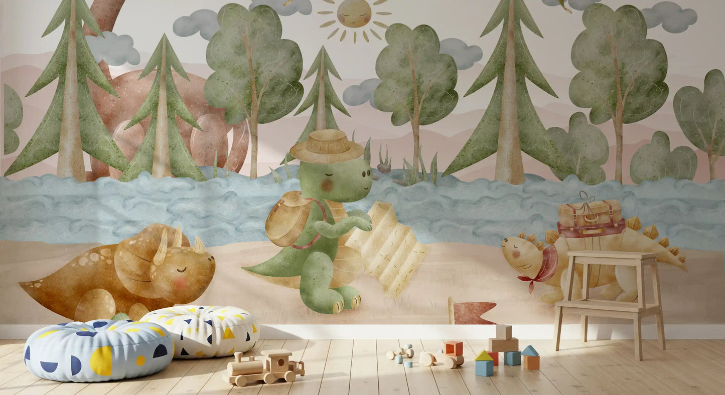 Horned triceratops resting in the grass on a soft watercolour dinosaur wall mural., GD10187