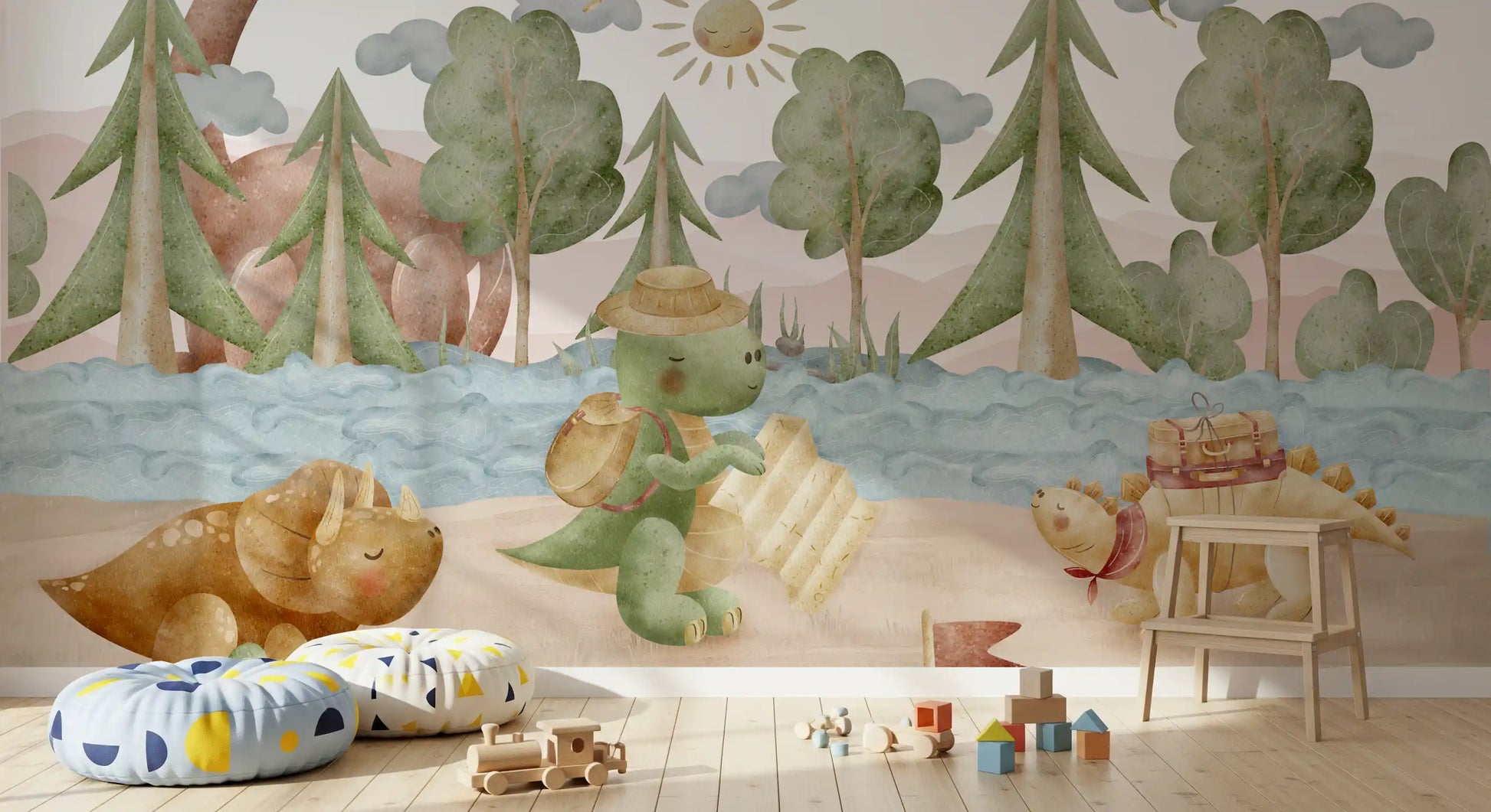 Horned triceratops resting in the grass on a soft watercolour dinosaur wall mural., GD10187