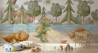 Horned triceratops resting in the grass on a soft watercolour dinosaur wall mural., GD10187