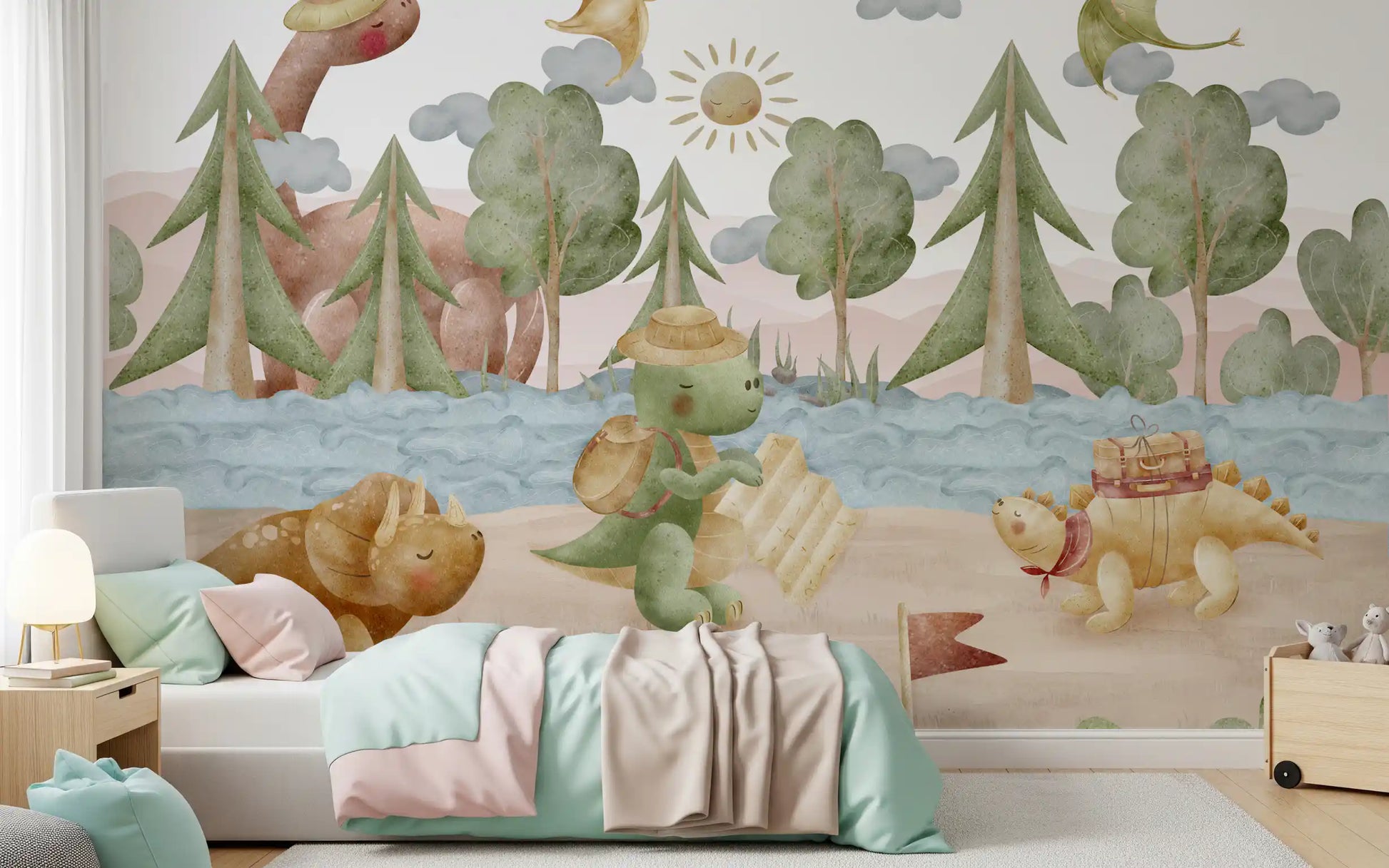 Long-necked dinosaur wearing a sun hat among leafy trees on a dinosaur wall mural., GD10187
