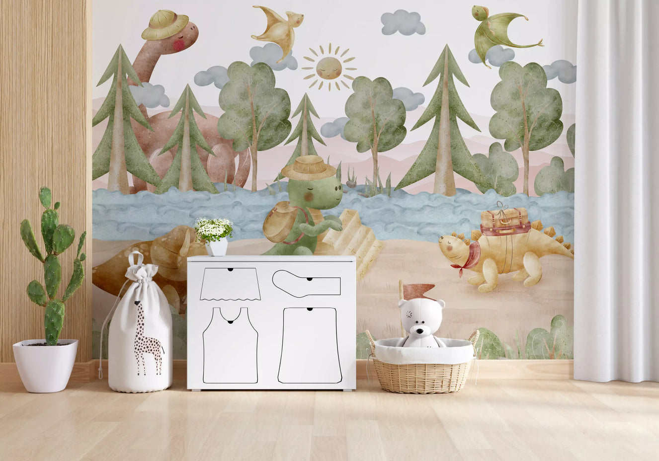 Soft watercolour prehistoric mural with a green dino in an explorer's hat and a map.