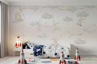 Kids bedroom wall mural with sleeping bunnies on clouds and scattered cream stars., GD10188