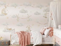 Children's room mural with dreamy bunnies, clouds and stars on a soft pink sky., GD10188