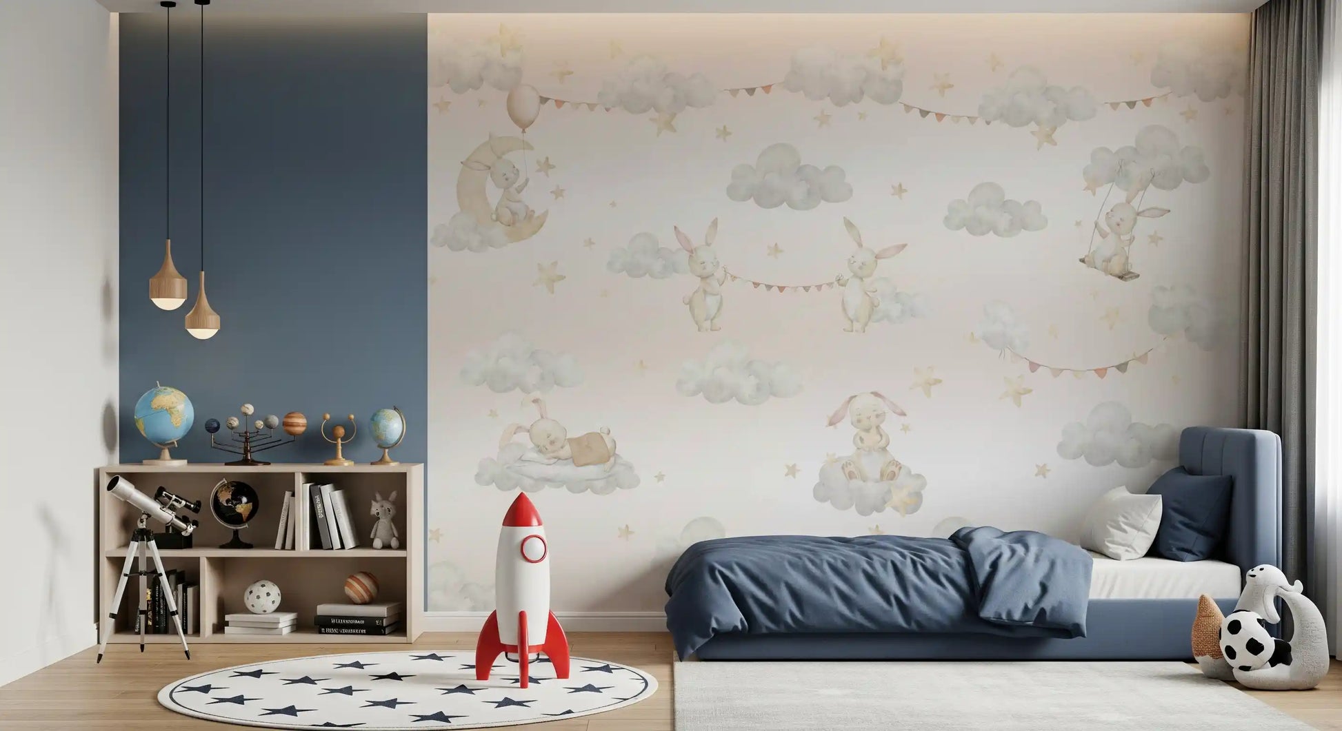 Two watercolour bunnies wall mural with small bunting garland between soft clouds., GD10188
