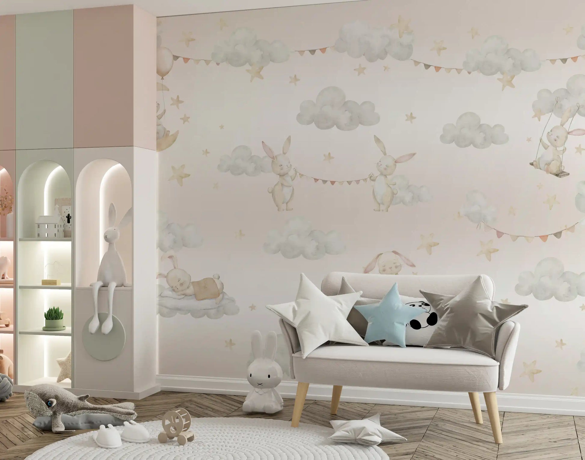 Kids room feature wall with a dreamy bunny cloud mural and pale pink sky, GD10188