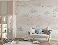 Kids room feature wall with a dreamy bunny cloud mural and pale pink sky, GD10188