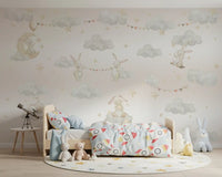 Children's room wall mural with watercolour bunnies, clouds, bunting and a blush background., GD10188