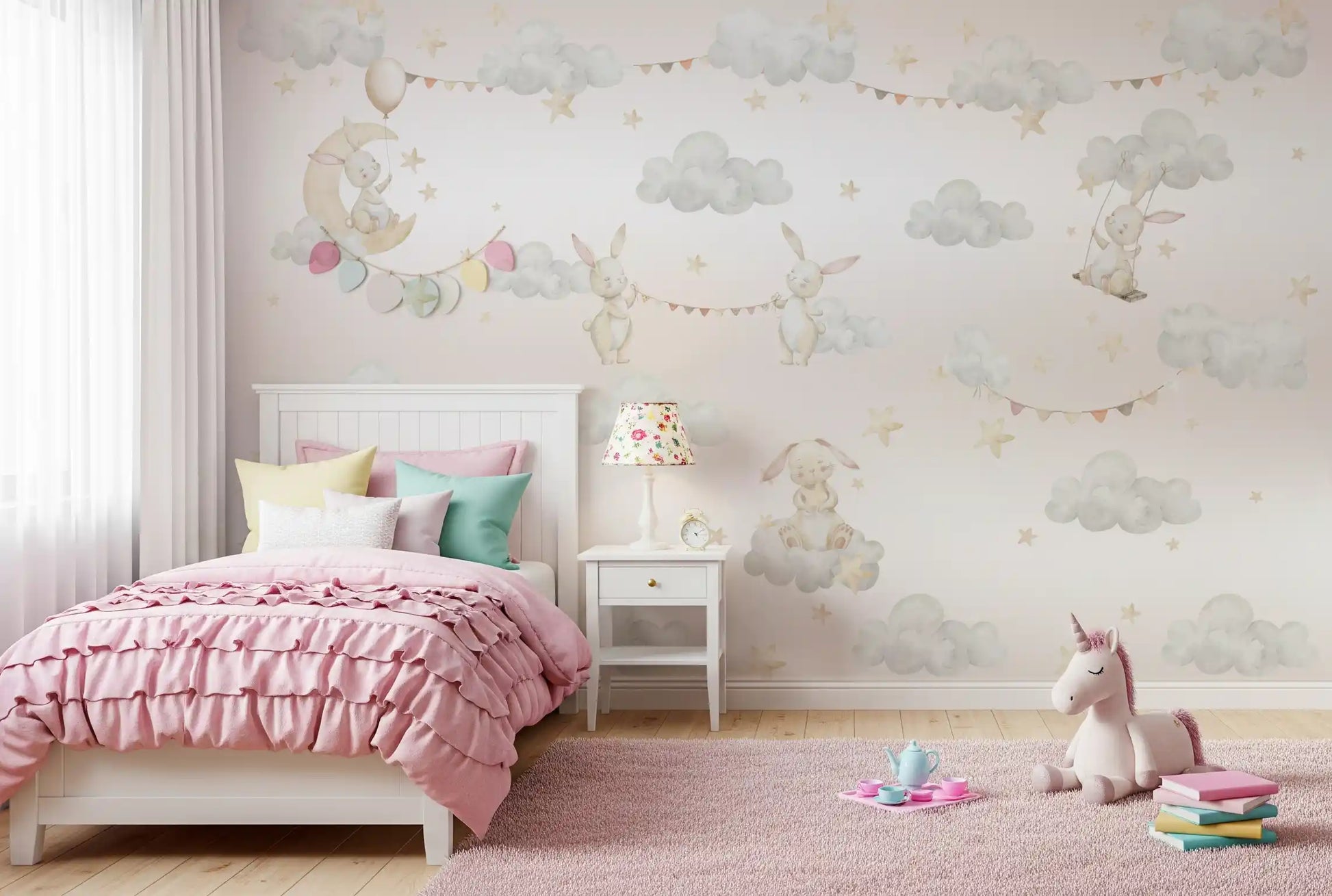Section of the cloud mural showing a bunny on a crescent moon holding a balloon., GD10188