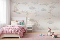 Section of the cloud mural showing a bunny on a crescent moon holding a balloon., GD10188