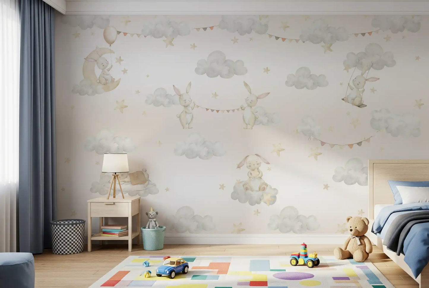 Bunny cloud mural on a bedroom wall with rabbits, soft grey clouds and cream stars., GD10188