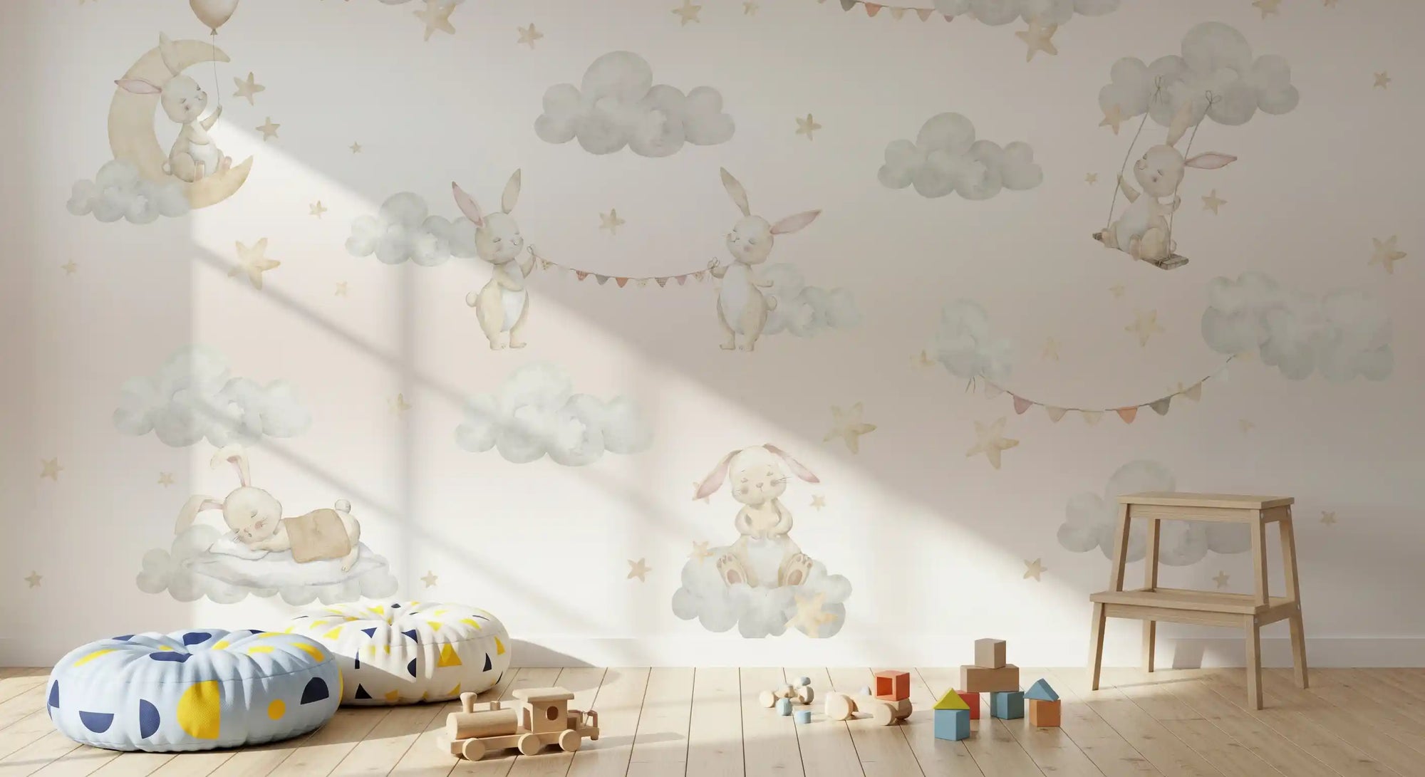 Dreamy bunny cloud wall mural with watercolour rabbits on clouds, a balloon and a crescent moon in nursery., GD10188