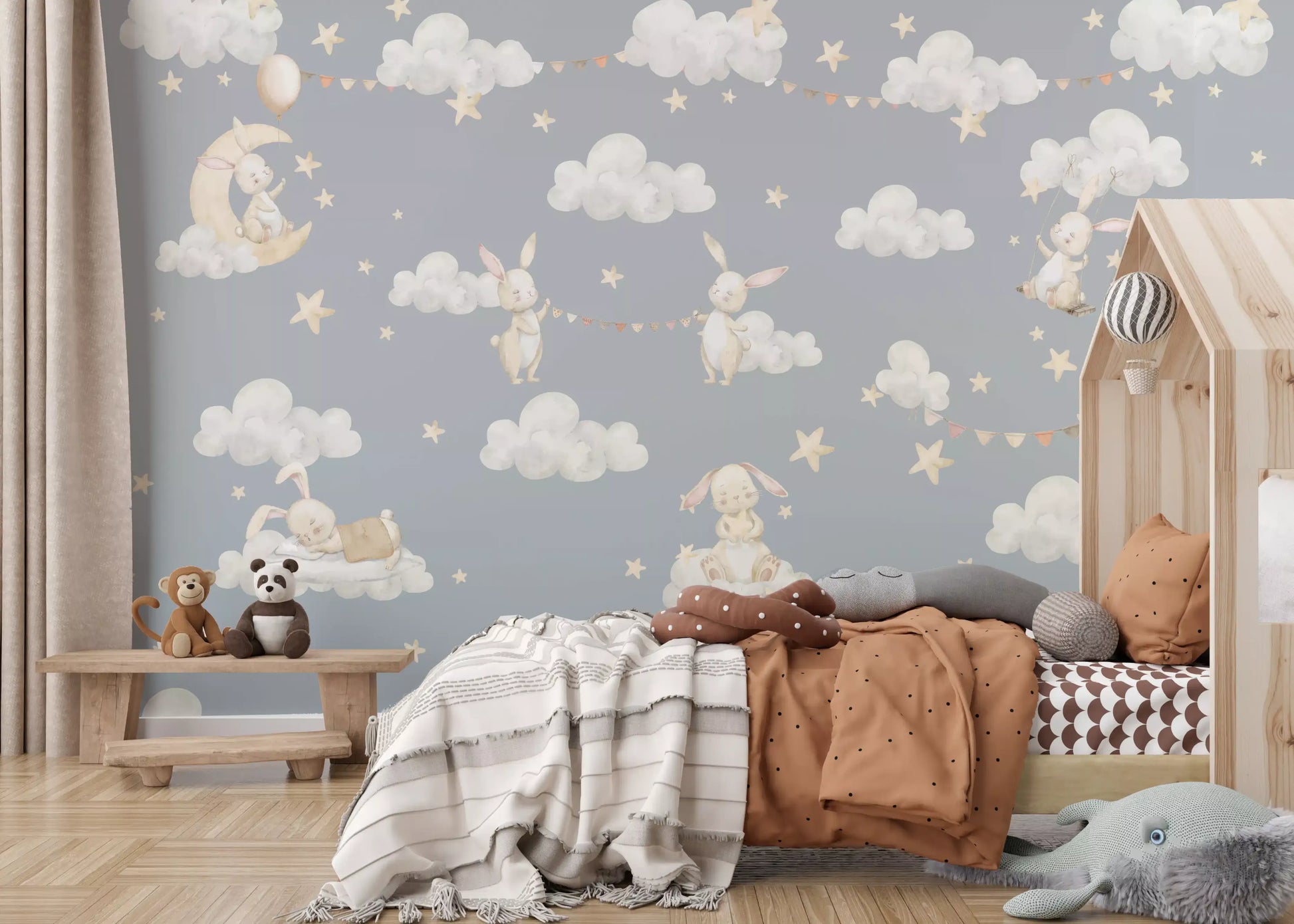 Bunny and cloud mural filling a children's bedroom accent wall., GD10189