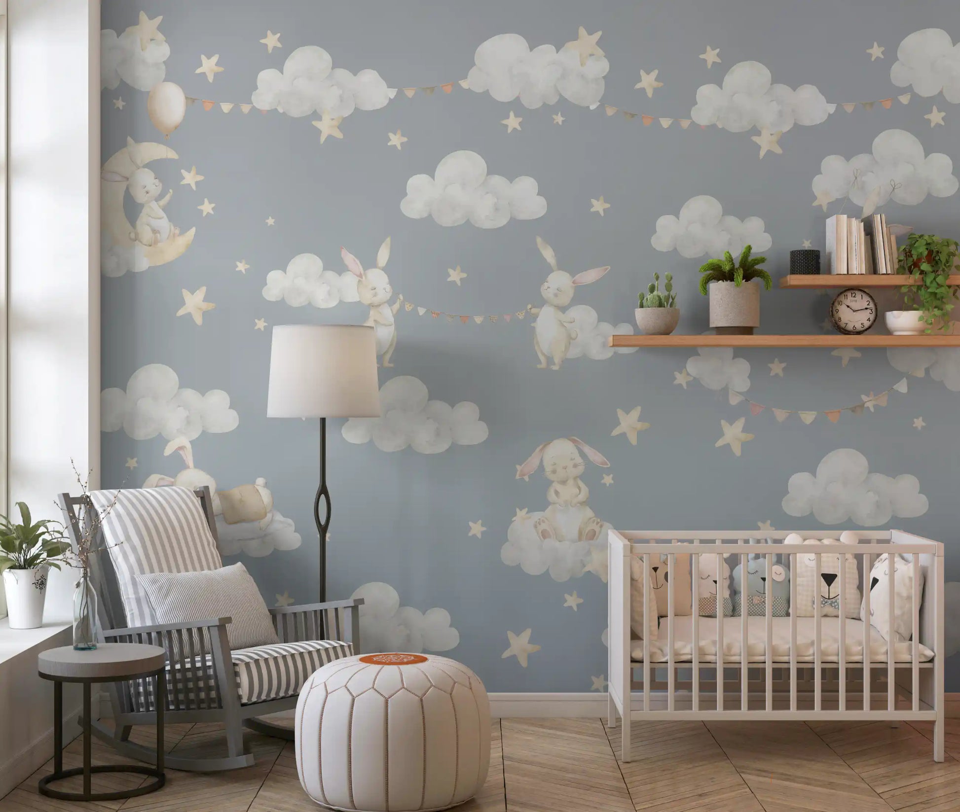 Scattered cream stars on a muted blue-grey sky wall mural., GD10189