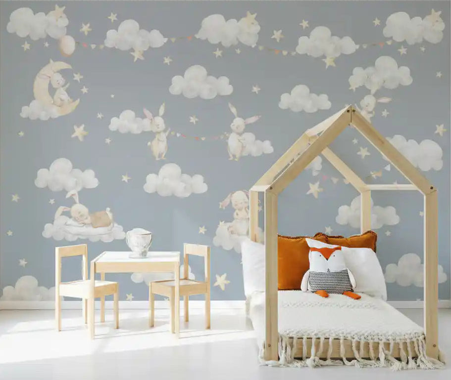 Dreamy bunnies and clouds mural covering a toddler room feature wall, GD10189