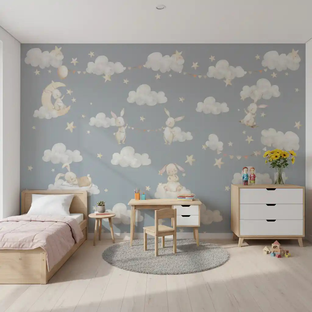 Wall mural with Sleeping bunny on a fluffy cloud with cream stars., GD10189