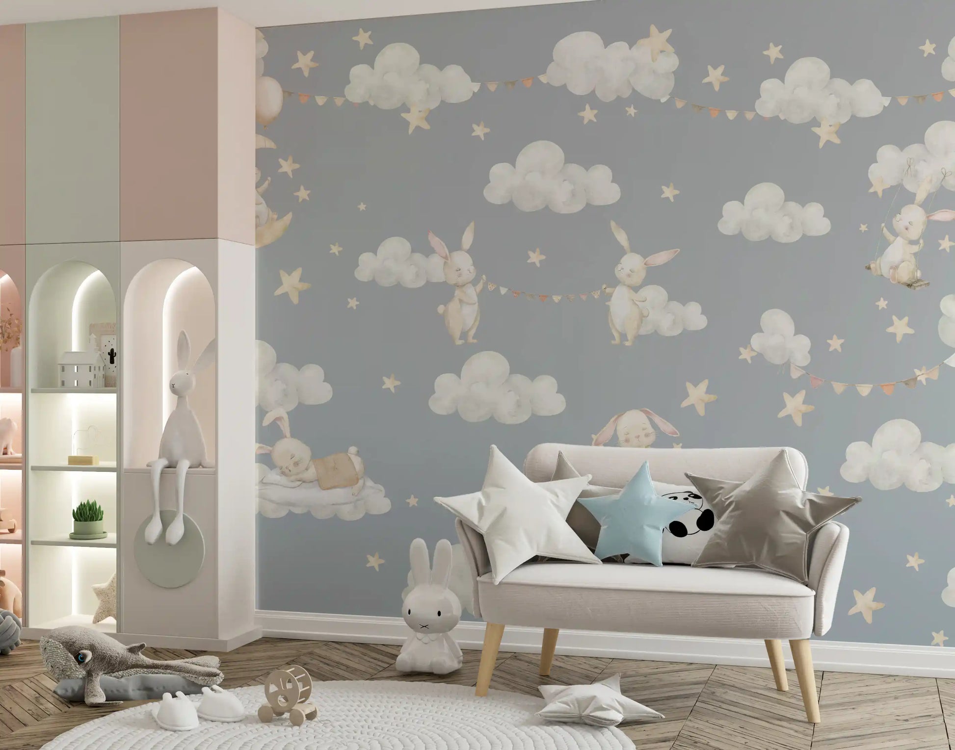 Bunny resting on a crescent moon among soft clouds wall mural., GD10189