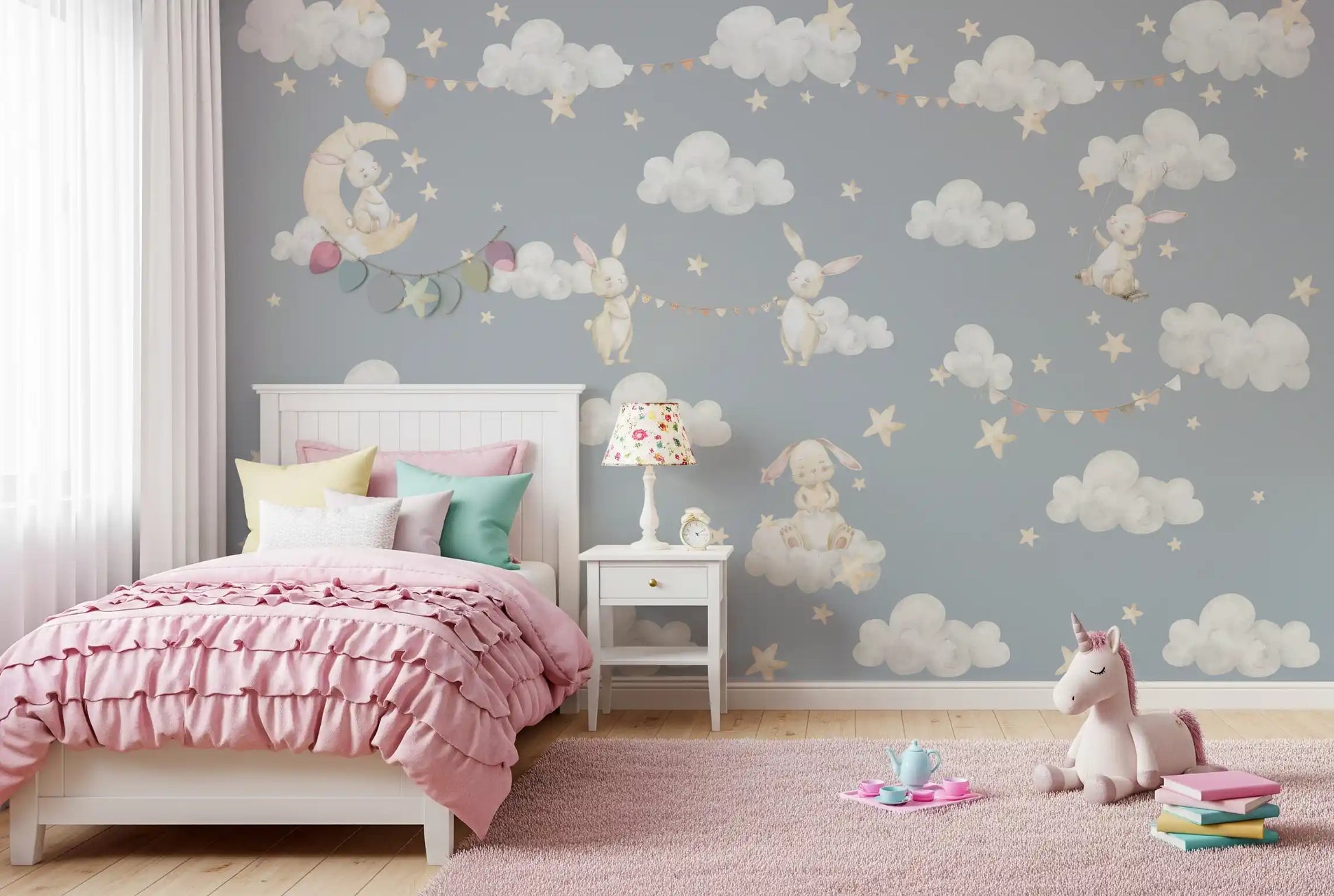 Soft cloud and star mural on a girls bedroom feature wall., GD10189