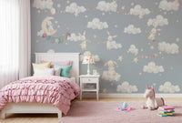 Soft cloud and star mural on a girls bedroom feature wall., GD10189