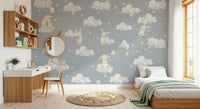 Rabbit floating on a balloon swing in the watercolour sky wall mural., GD10189