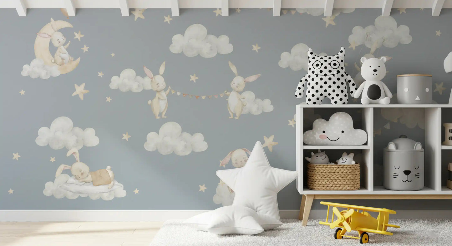 Watercolour sky mural across a playroom wall., GD10189