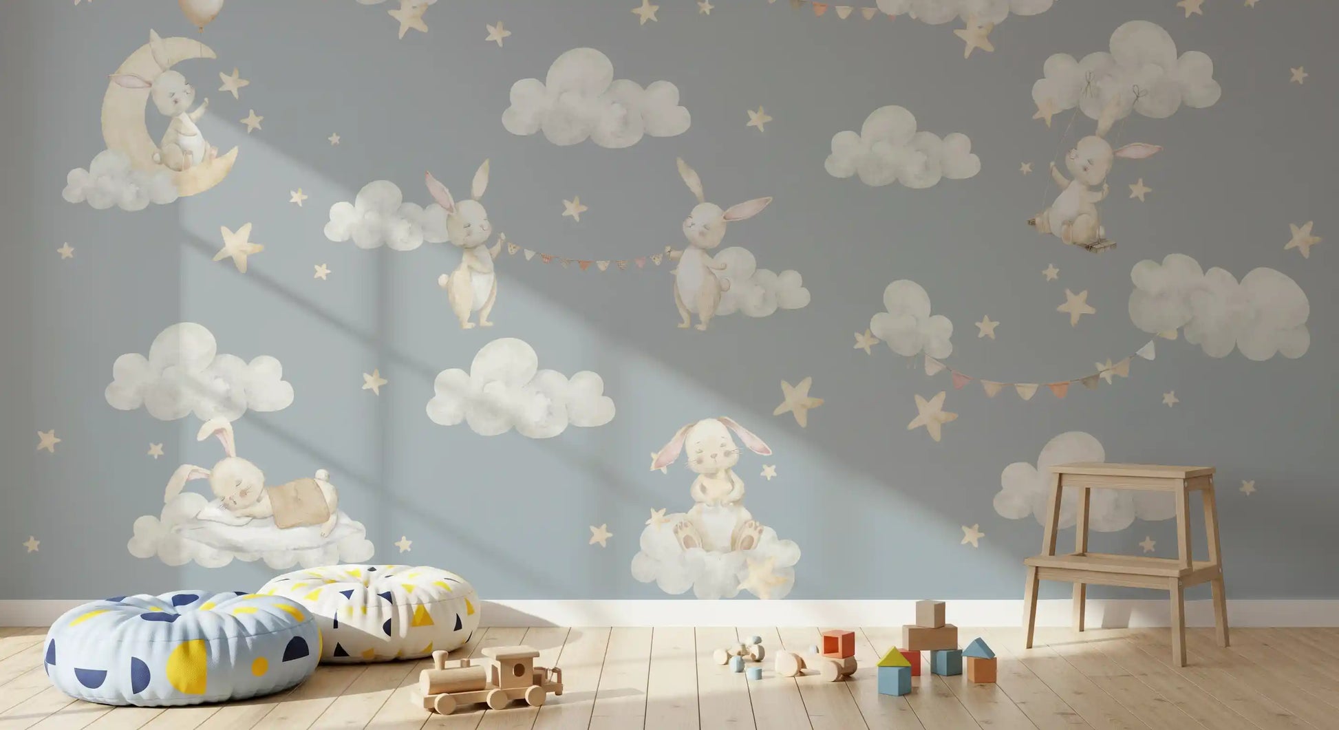 Playroom wall mural showing Bunnies holding flag bunting between pale clouds., GD10189