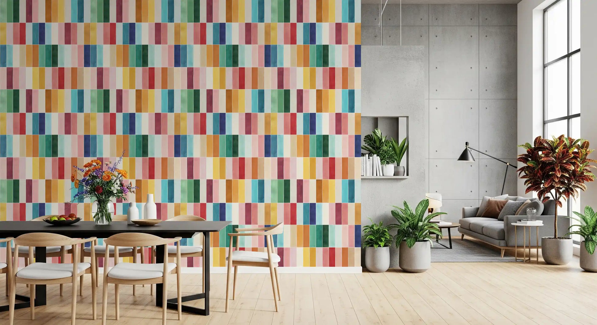 Rectangular tile wallpaper repeat in warm and cool watercolour tones for dining area., GD10190