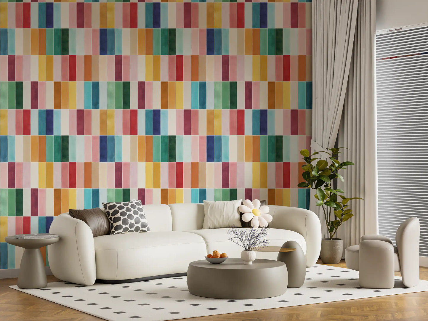 Colourful tile wallpaper across a living room accent wall in bright blocks., GD10190