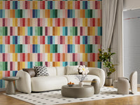 Colourful tile wallpaper across a living room accent wall in bright blocks., GD10190