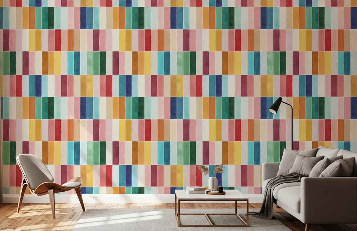 Modern rectangular tiles colourful wallpaper in teal, mustard and raspberry blocks for living room., GD10190