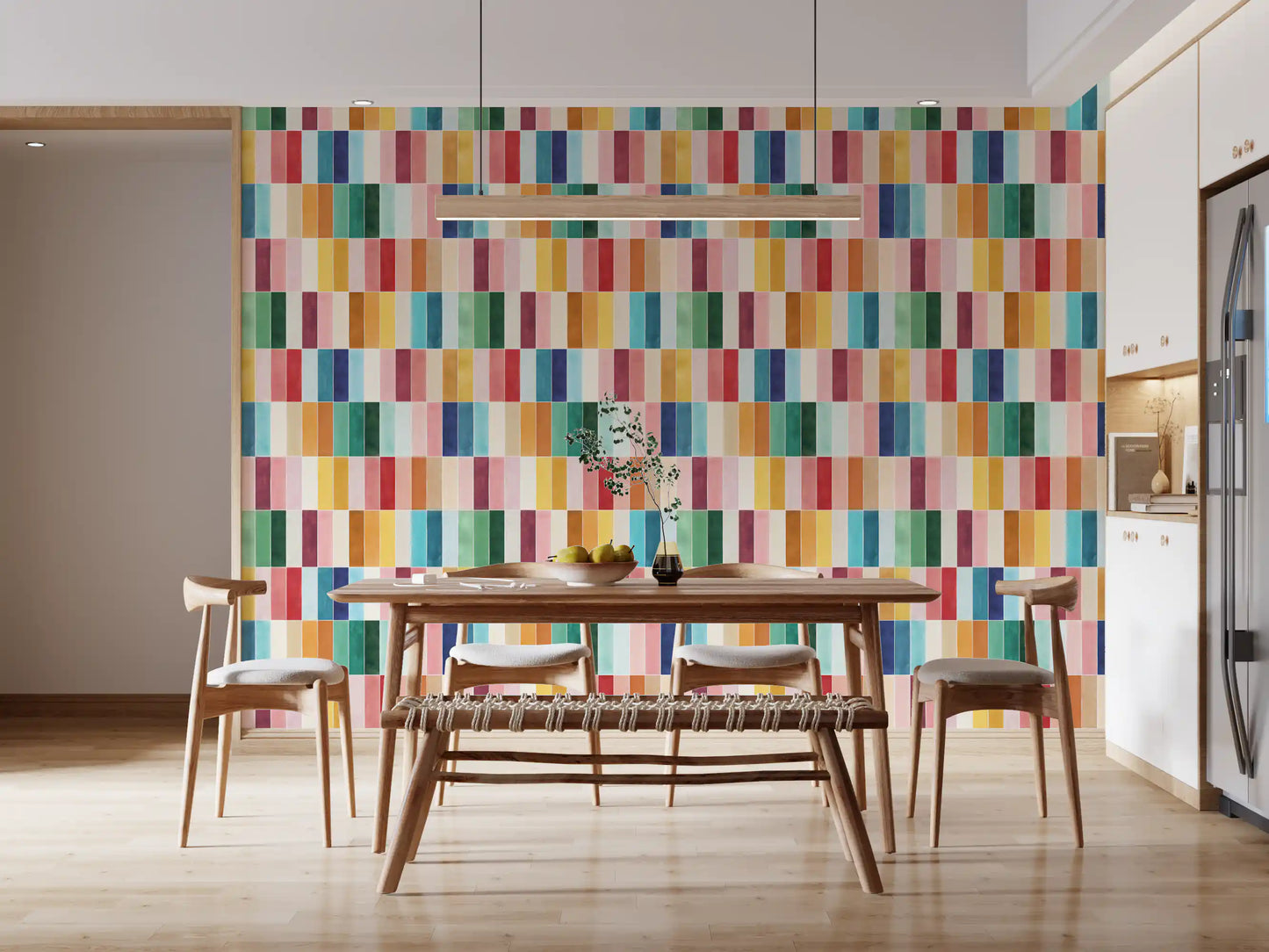 Colourful tile wallpaper on a dining room feature wall in mixed watercolour tones, GD10190