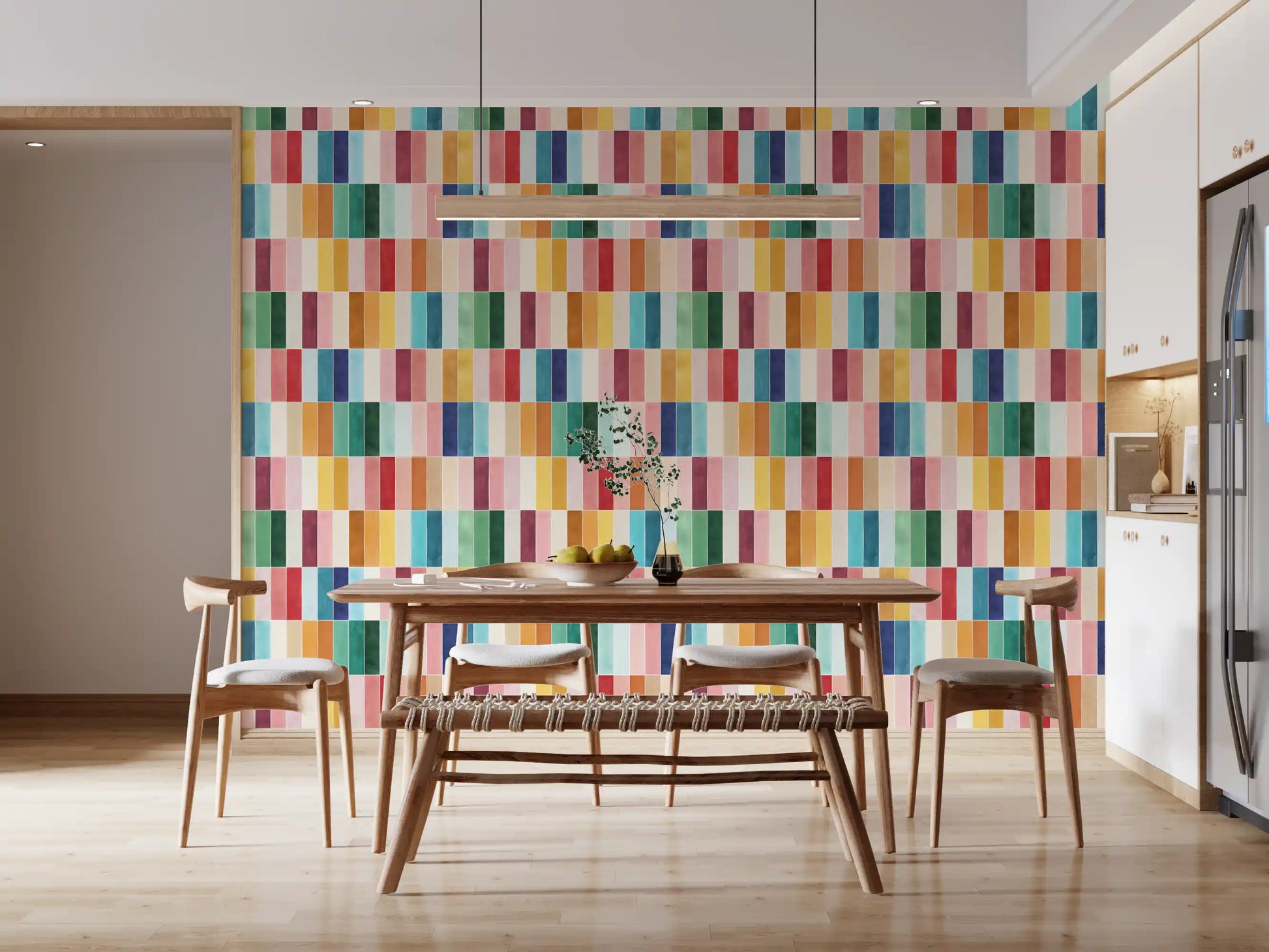 Colourful tile wallpaper on a dining room feature wall in mixed watercolour tones, GD10190