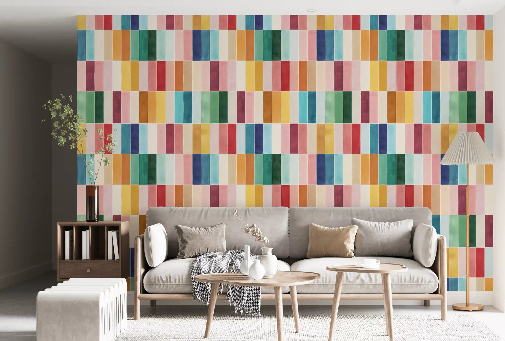 Vertical rectangle tile wallpaper pattern in raspberry, teal and cream., GD10190