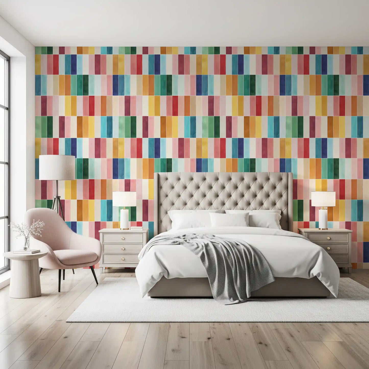 Colourful tile wallpaper with each vertical block in master bedroom., GD10190