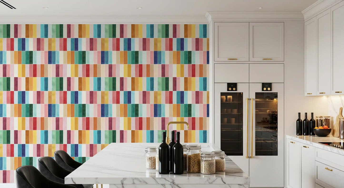 Soft watercolour tile wallpaper grid in pink, mustard and deep green., GD10190