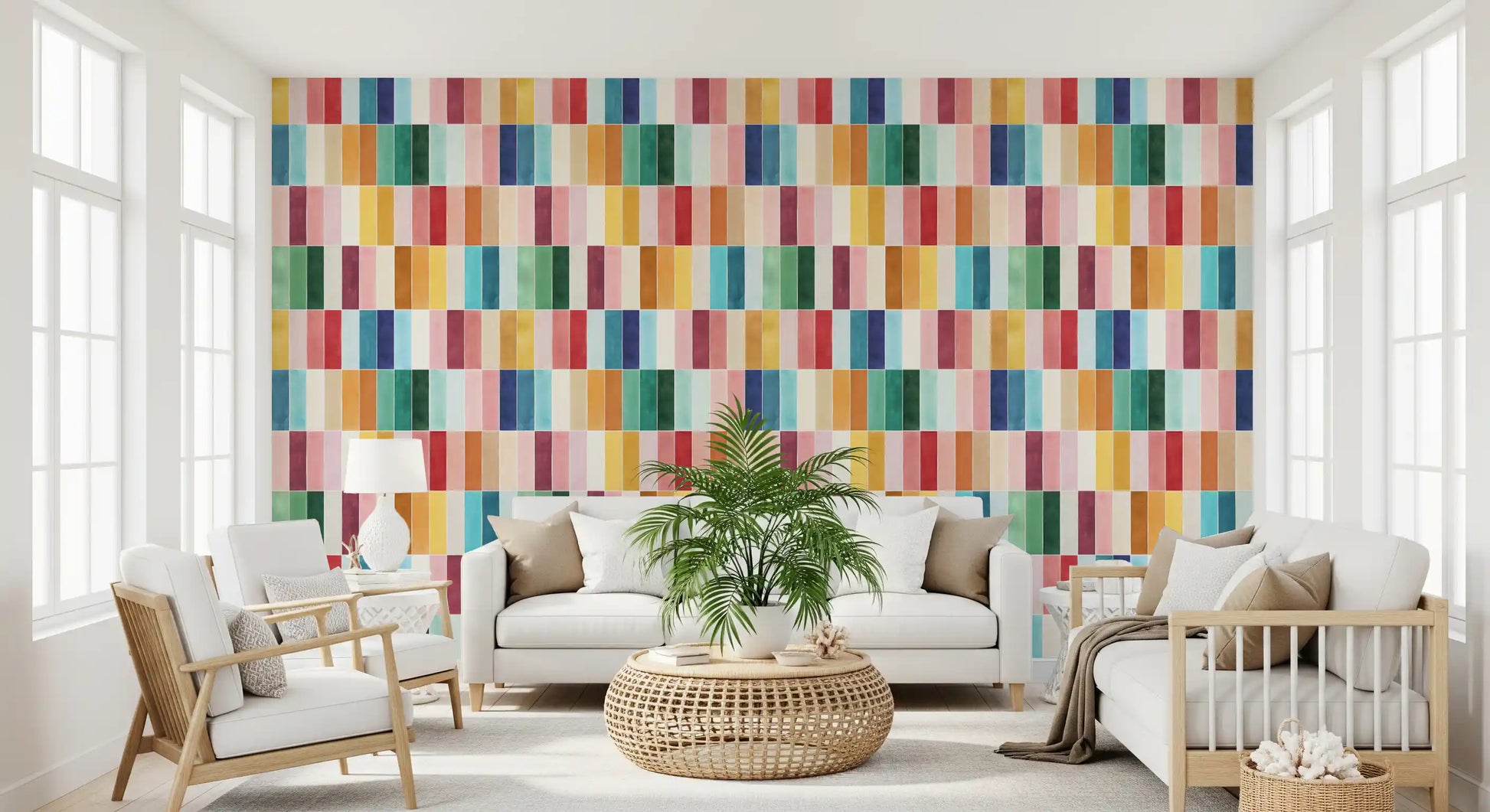 Colourful tile wallpaper with vertical watercolour rectangles in a tight grid., GD10190