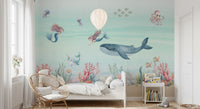 Grey whale swimming above a reef in a  underwater mural for children's room., GD10191