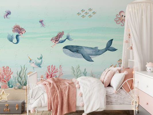 Mermaid's ocean dream wall mural with two mermaids and a grey whale in kids bedroom.