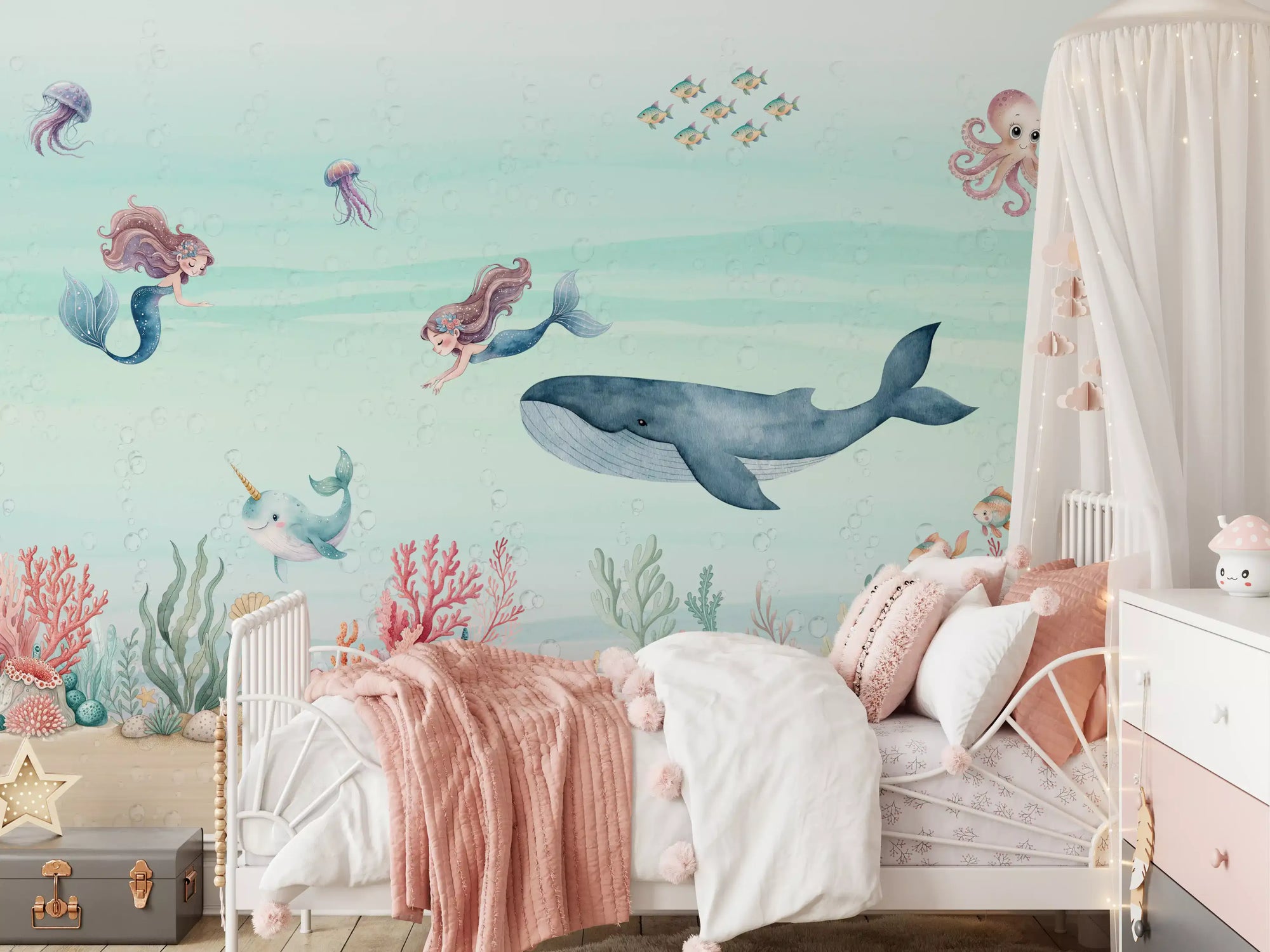 Mermaid's ocean dream wall mural with two mermaids and a grey whale in kids bedroom., GD10191