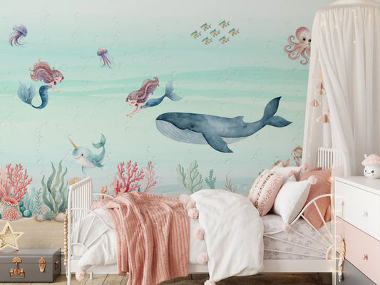 Mermaid's ocean dream wall mural with two mermaids and a grey whale in kids bedroom.