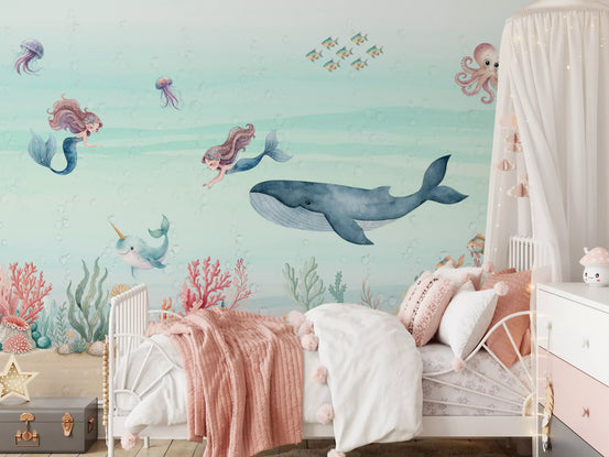 Mermaid's ocean dream wall mural with two mermaids and a grey whale in kids bedroom., GD10191