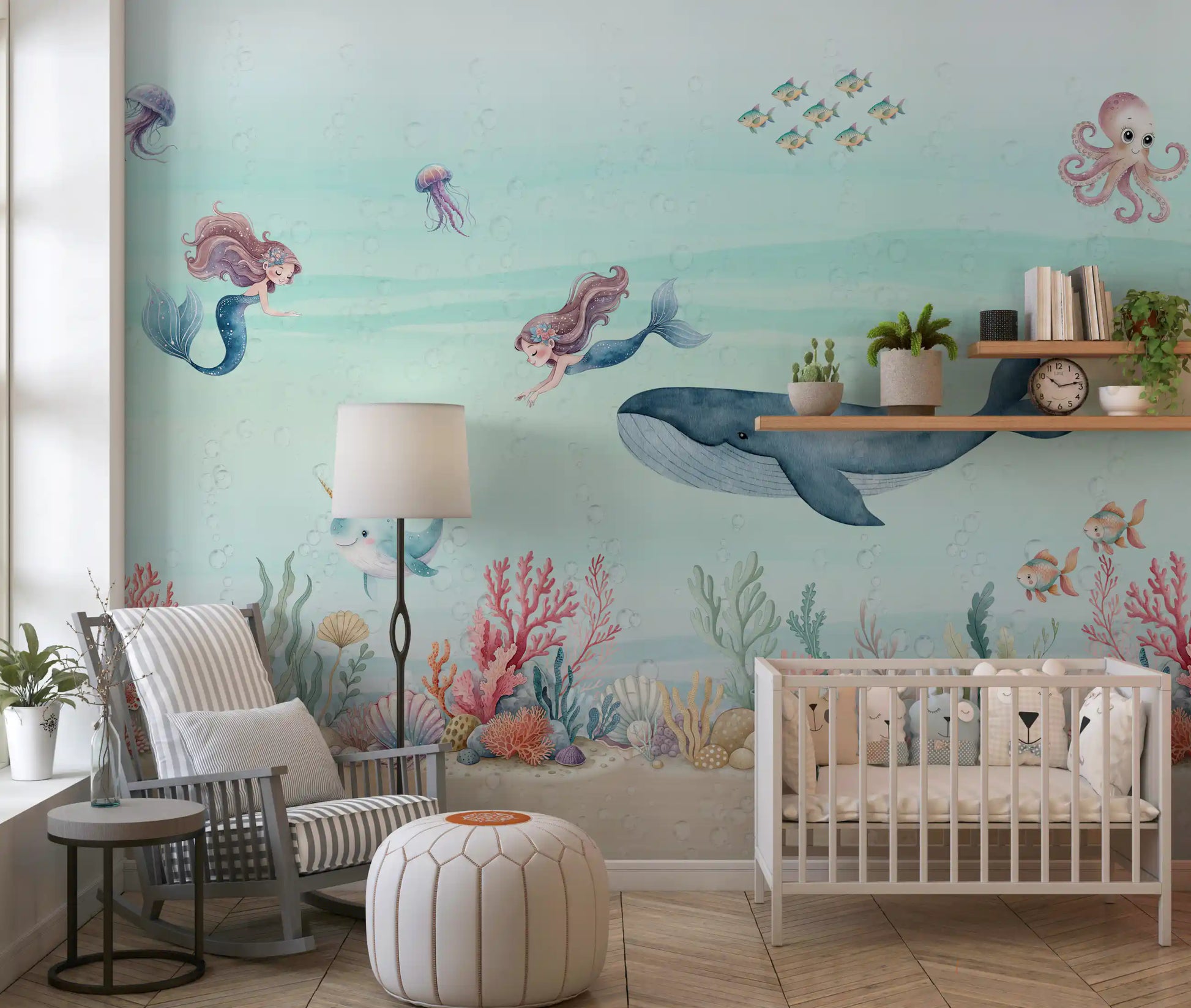 Nursery wall mural with Two long-haired mermaids floating past jellyfish and rising bubble., GD10191