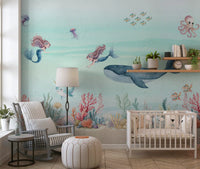 Nursery wall mural with Two long-haired mermaids floating past jellyfish and rising bubble., GD10191