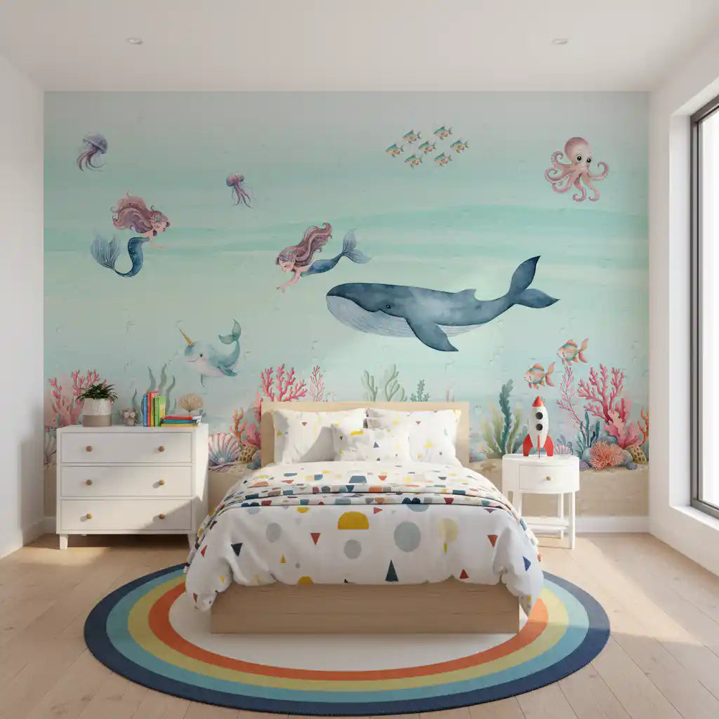Underwater ocean mural in a bedroom with mermaids, a whale and coral., GD10191