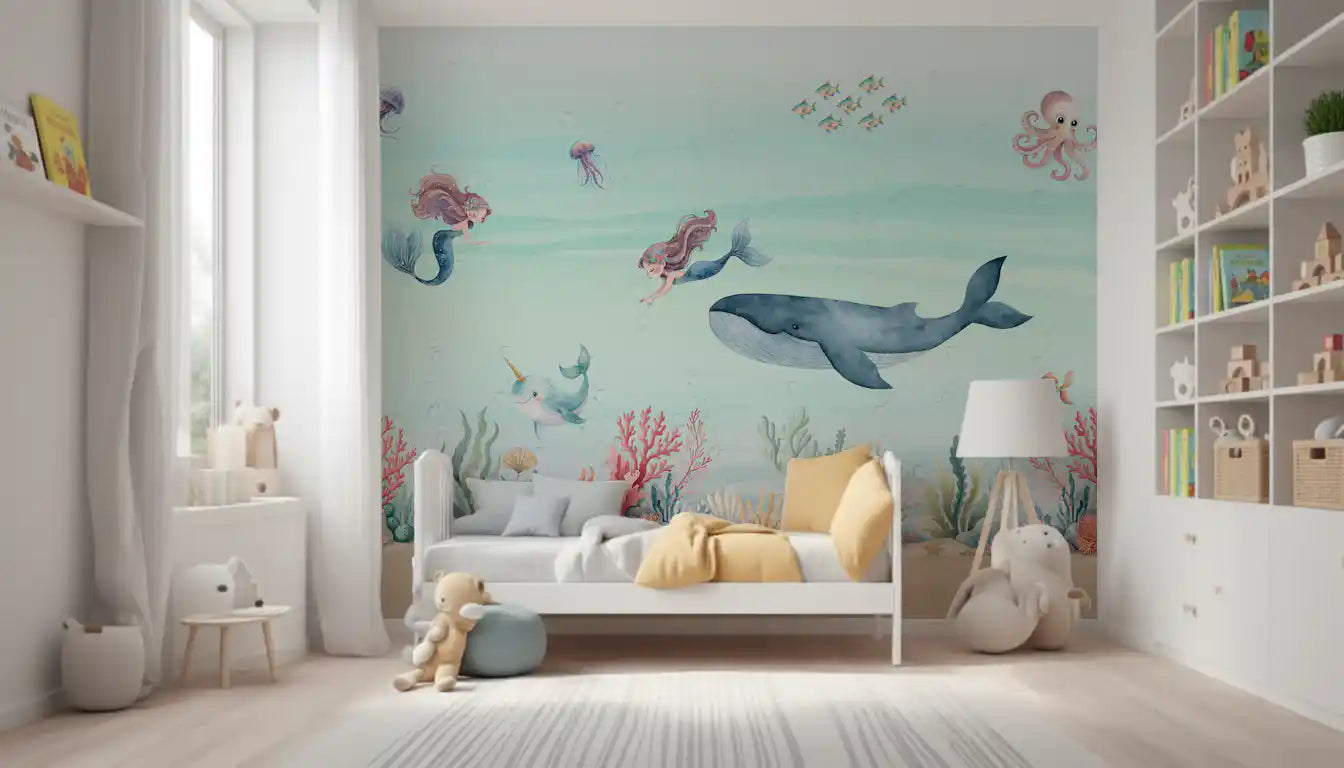 Smiling pink octopus and small fish in a soft teal underwater mural for children bedroom., GD10191