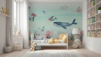 Smiling pink octopus and small fish in a soft teal underwater mural for children bedroom., GD10191