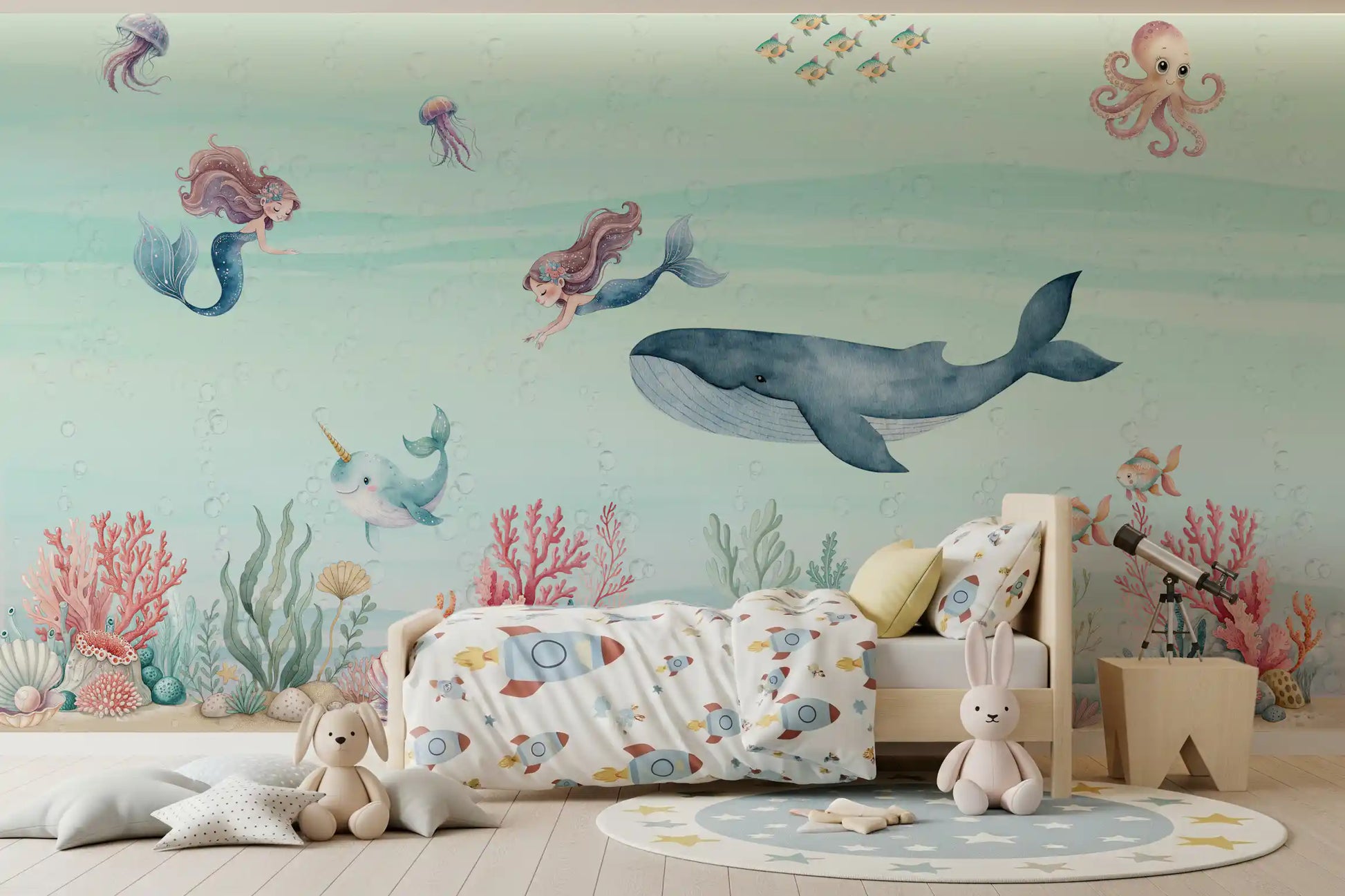 Colorful coral reef mural with shells, seaweed and starfish on pale sand., GD10191