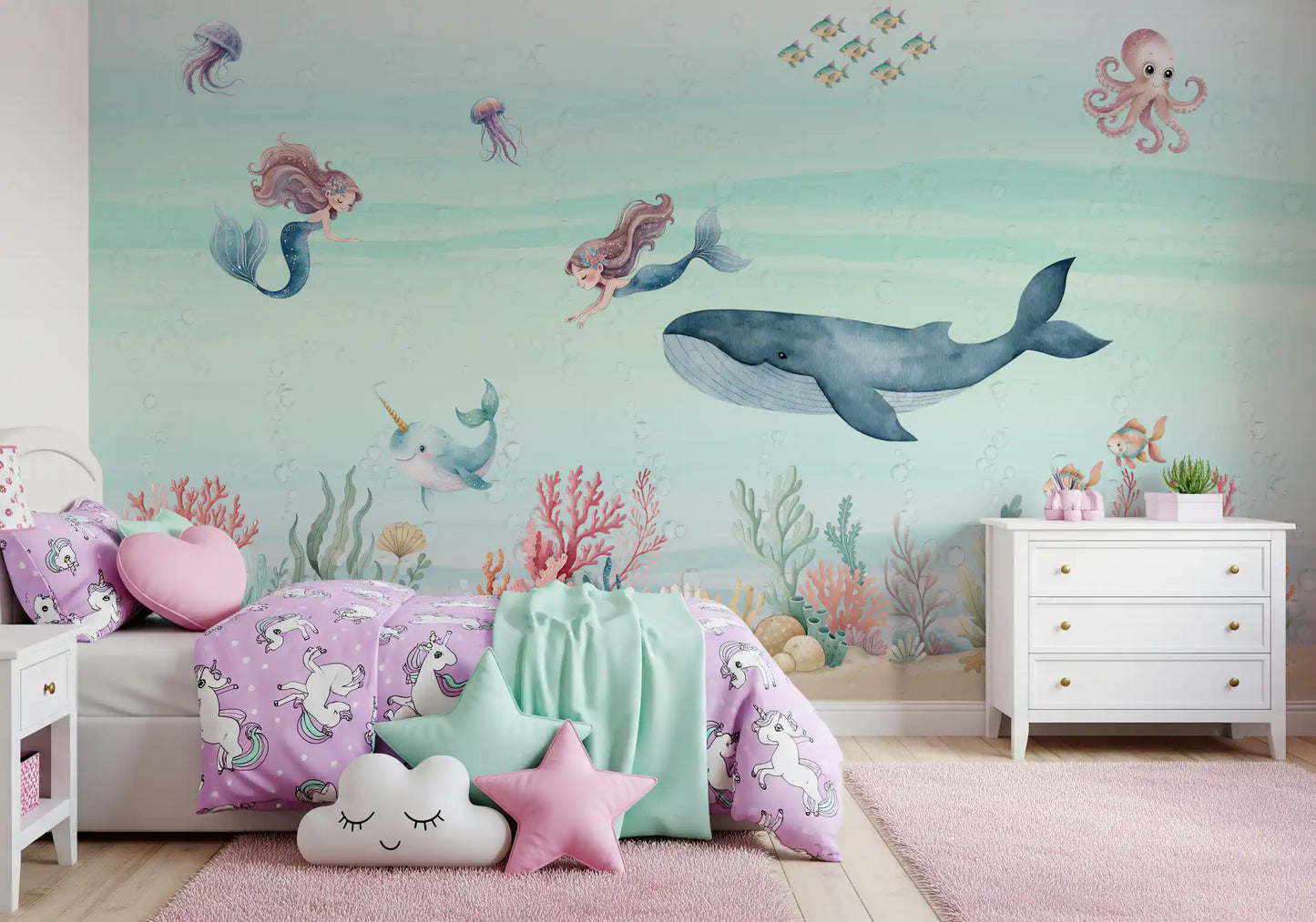 Mermaid ocean mural styled for a girls' bedroom in soft aqua tones, GD10191