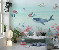 Repeating ocean wall mural with mermaids, sea animals and a coral reef., GD10191