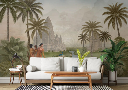 Eastern Serenity Grove wall mural with a carved stone temple beside tall palm trees in living room.
