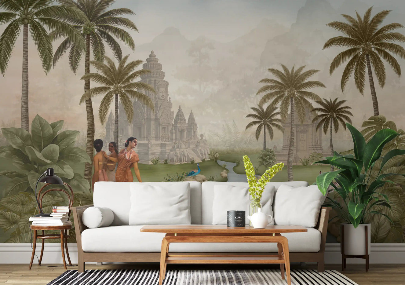 Eastern Serenity Grove wall mural with a carved stone temple beside tall palm trees in living room.